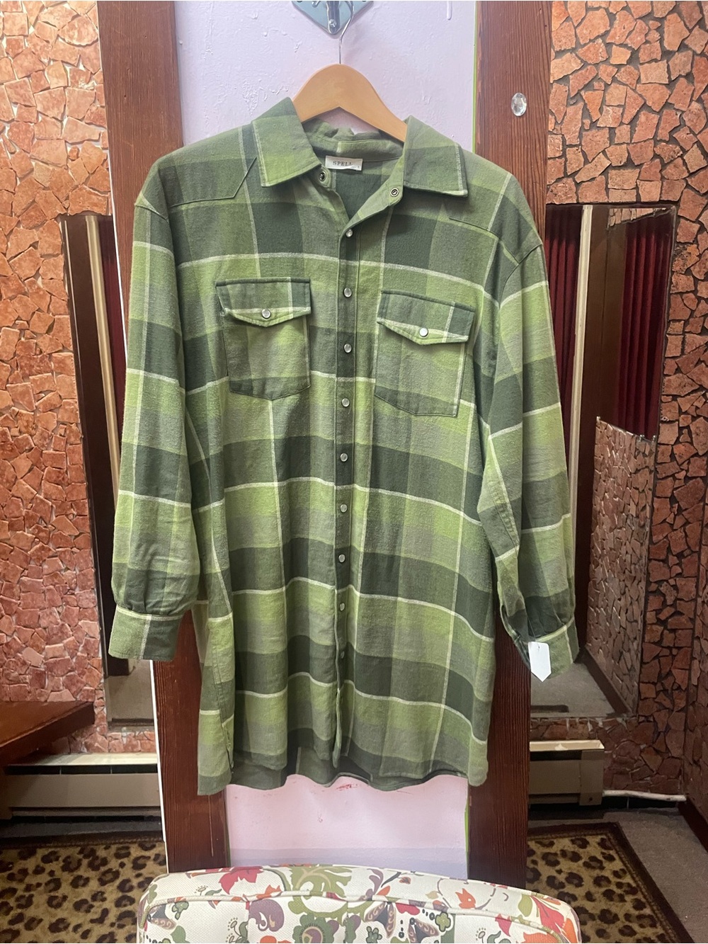 Spell Green Plaid Button-Down Shirt Jacket